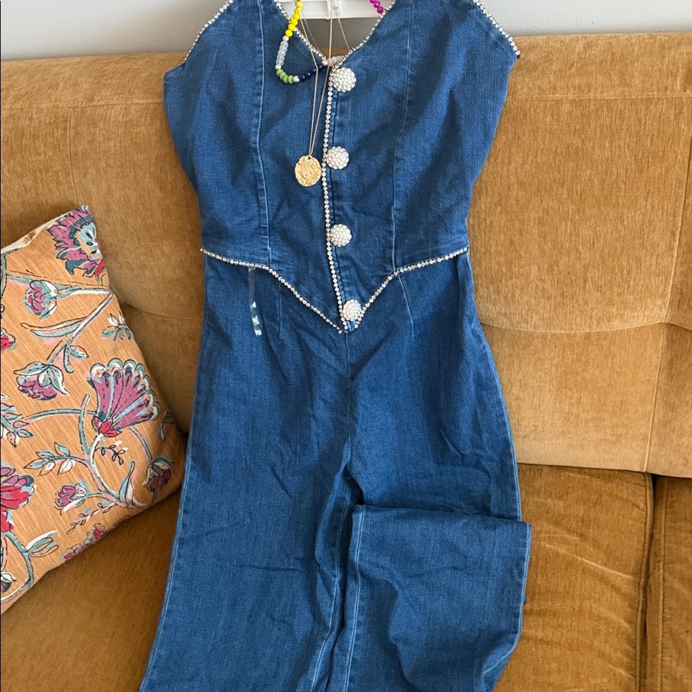Denim Jumpsuit with Rhinestone Trim